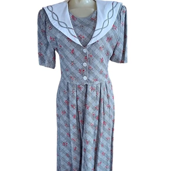Vintage Dress 10/12 1980s Floral Plaid Dress Pad Sailor Collar JBS Secretary Mom - Picture 1 of 9